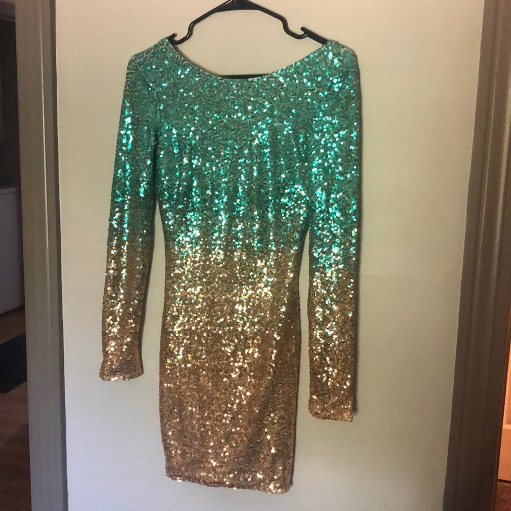 Turquoise/Gold Sequins Mini Dress